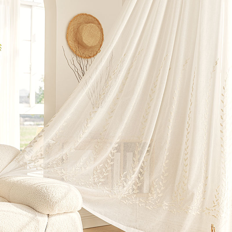 [Olive Branch] - Leaf and branch embroidered sheer curtain 2451 - Oat Cream