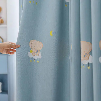 [Smart Elephant] Embroidered kids room drapery - Light Blue